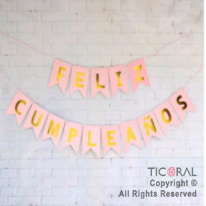 BANDERIN FELIZ CUMPLEAOS PARTY ROSA PASTEL CON STAMPING x 1